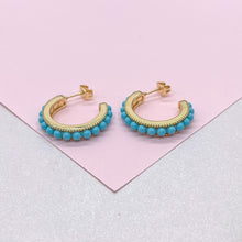 Load image into Gallery viewer, 18k Gold Filled Turquoise Beaded 25mm Hoop Earrings