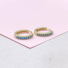 Load image into Gallery viewer, 18k Gold Filled Turquoise Pave 15mm Hoop Earrings