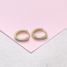 Load image into Gallery viewer, 18k Gold Filled Turquoise Pave 15mm Hoop Earrings, Narrow Row Style
