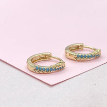 Load image into Gallery viewer, 18k Gold Filled Turquoise Pave 15mm Hoop Earrings, Narrow Row Style