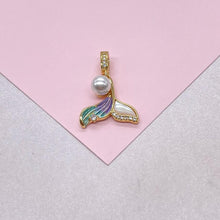 Load image into Gallery viewer, 18k goldfilled mermaid tail charm with enamel, Faux Pearl and cz