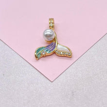 Load image into Gallery viewer, 18k goldfilled mermaid tail charm with enamel, Faux Pearl and cz
