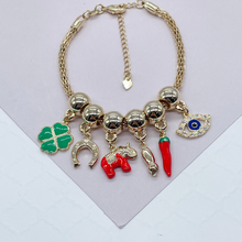 Load image into Gallery viewer, 18k Gold Filled Charm Bracelet Featuring Red Elephant, Blue Evil Eye, &amp; 4-Leaf Clover Wholesale Jewelry Supplies
