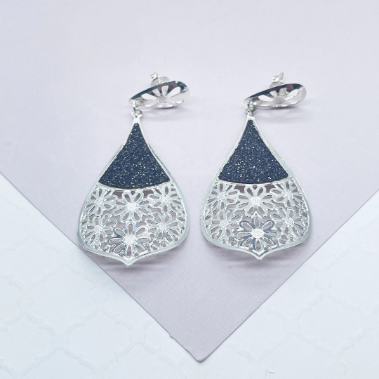Silver Filled Tear Drop Dangling Earrings with Sparkling Black Detail