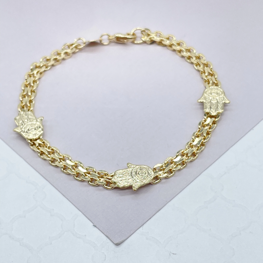 18k Gold Filled Bismarck Chain Bracelet Stamped With Hamsa Hand