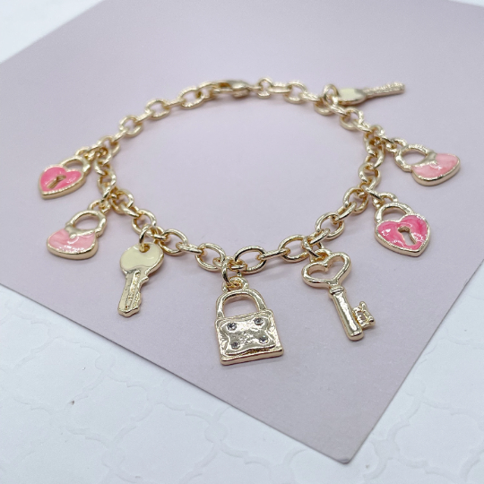 18k Gold Filled Pink Charm Bracelet With Heart & Keys Wholesale Jewelry