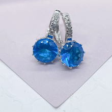 Load image into Gallery viewer, Elegant 18k Silver Filled 9mm Colorful Zirconia Lever Back Earrings Featuring Clear CZ Details
