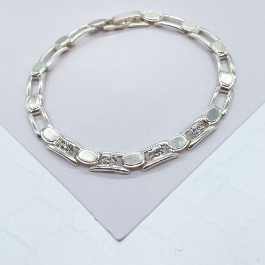 18k Silver Filled Link Bracelet Patterned With Zirconia