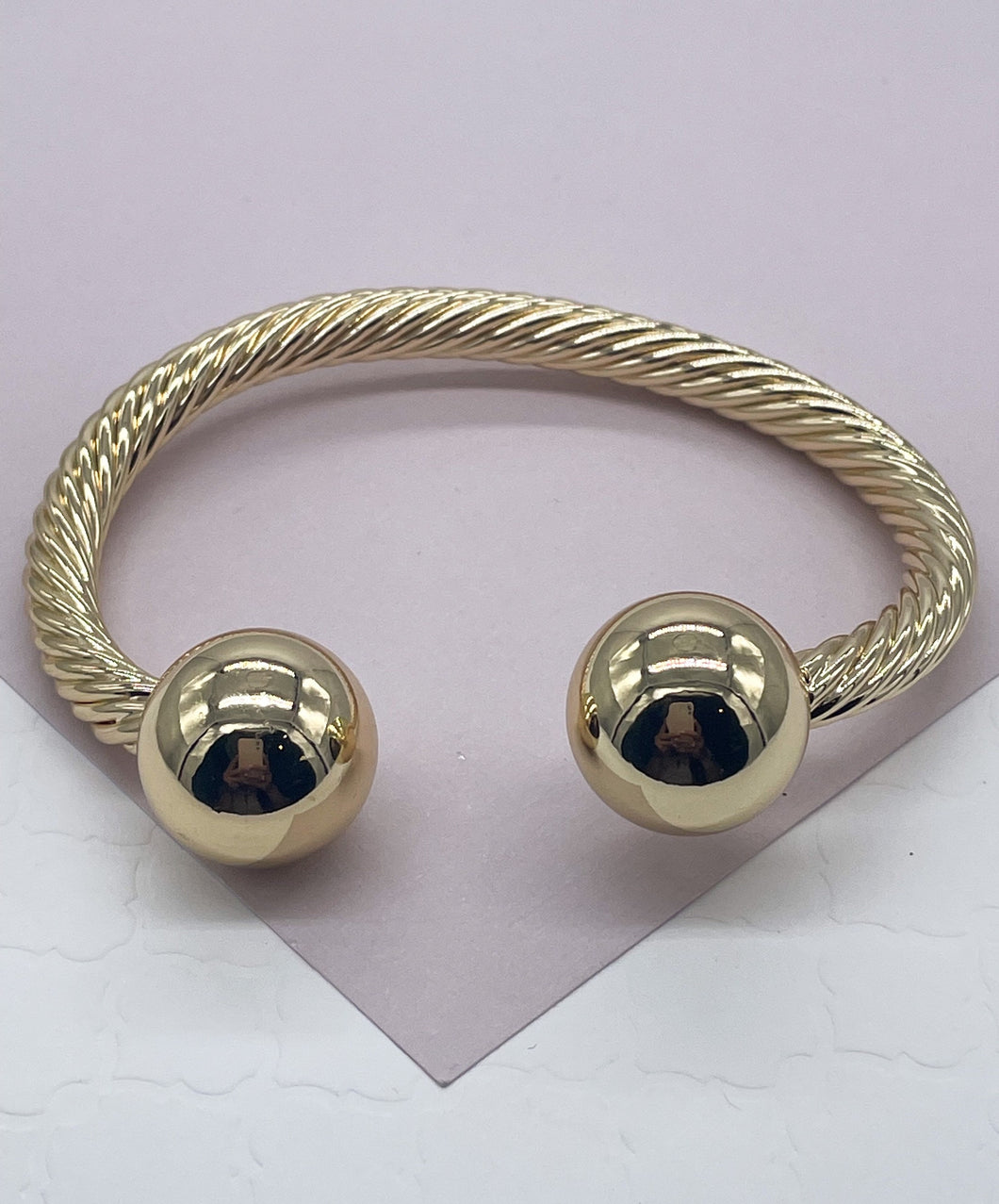 18k Gold Filled Twisted Bangle Featuring Two Solid Balls On Top Wholesale