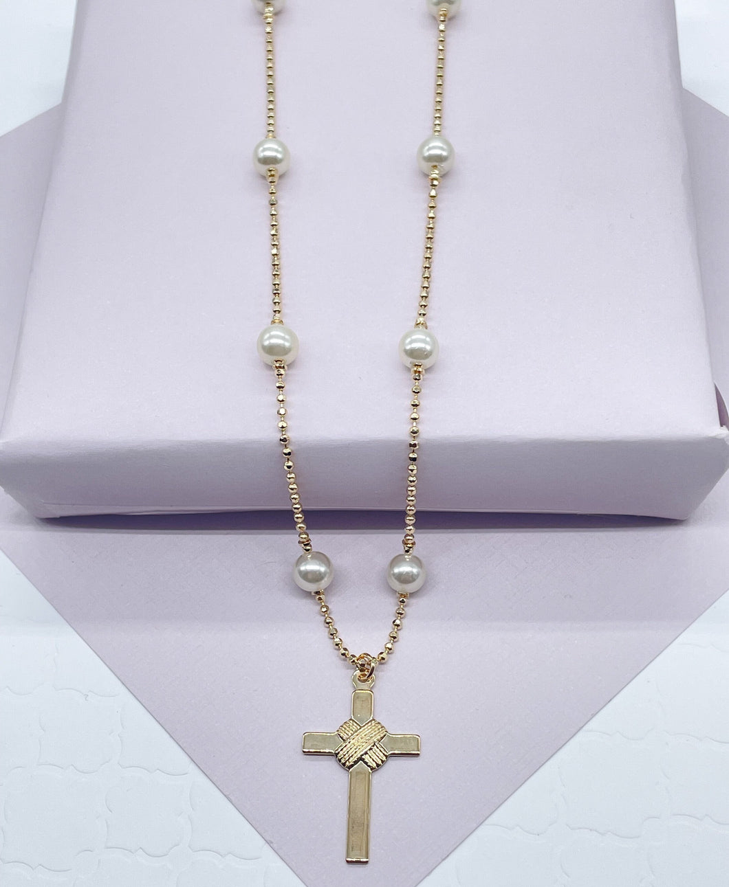 18k Gold Filled Cream Pearl Rosary Style Necklace, Fashion Catholic Pearl Rosary