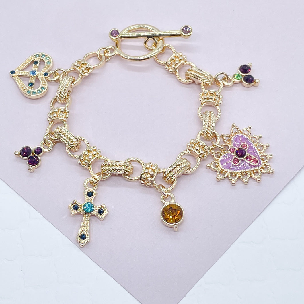 18k Gold Filled Protection Bracelet Featuring Enamel Charms, Cross, Purple