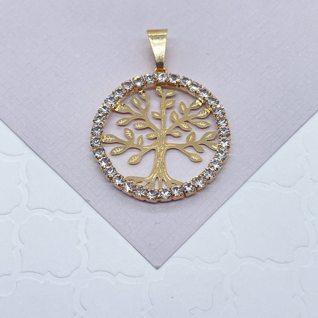 18k Gold Filled Tree of Life Round Cubic Zirconia Medallion Pendant Charm