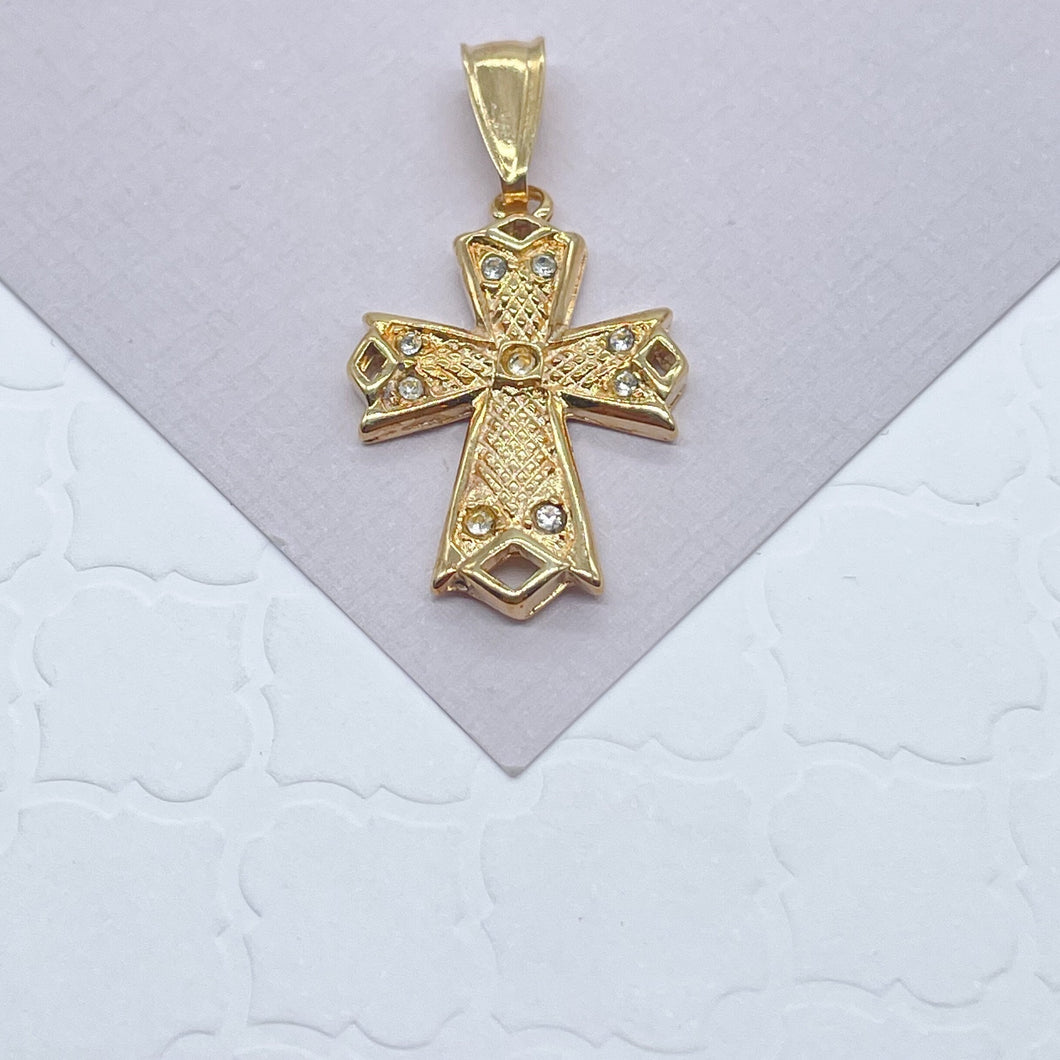 18k Gold Filled 1” Length Cross Pendant Charm with Cubic Zirconia, Religious