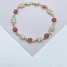 Load image into Gallery viewer, 18k Gold Filled Elephant and Evil Eye Bracelet Featuring Red And Blue Evil
