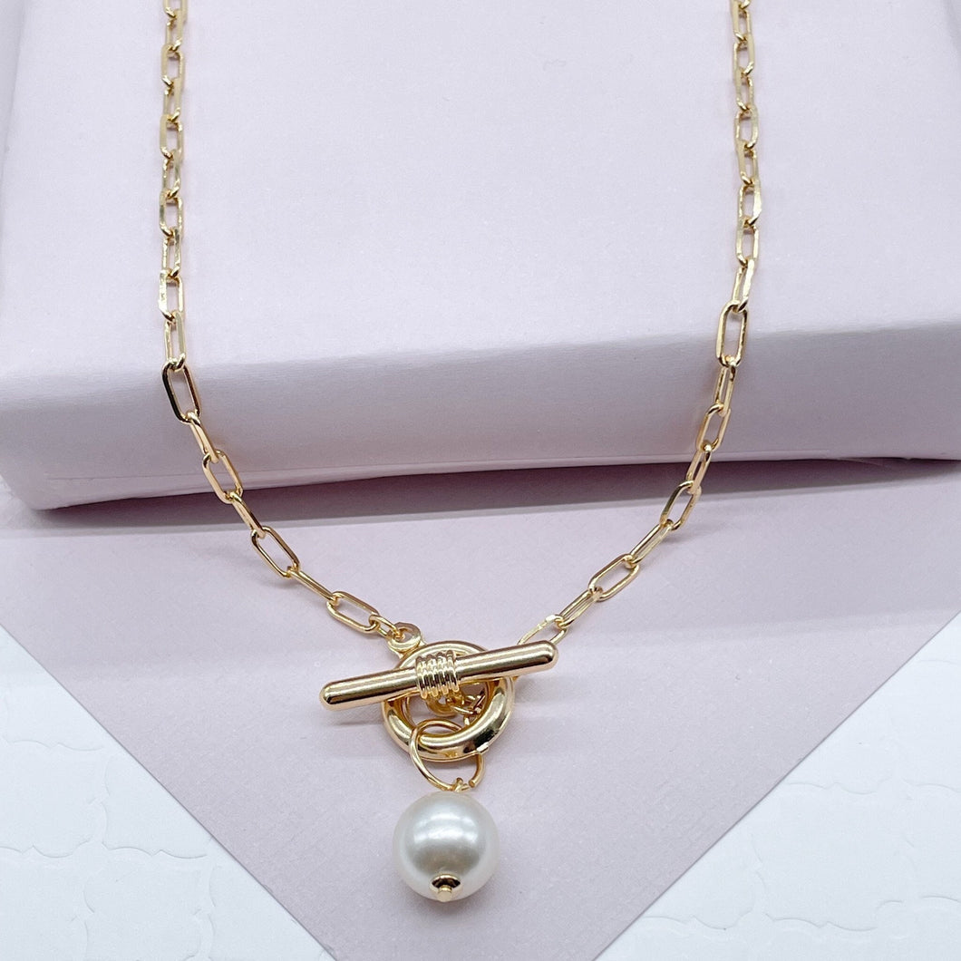 18k Gold Filled Thin Paper Clip Necklace Lariat Featuring Pearl Toggle Closing