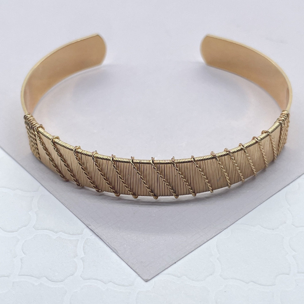 18k Gold Filled Flat Plain Cuff Bracelet Wrapped With Gold Thread, Gold