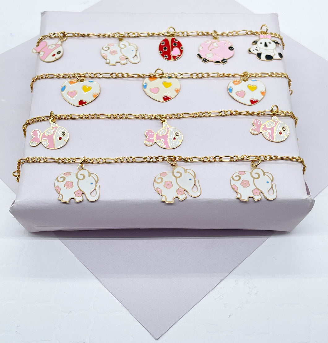 Cute 18k Gold Filled Children’s Colorful Charm Bracelet, Fish, Elephant, Bee,