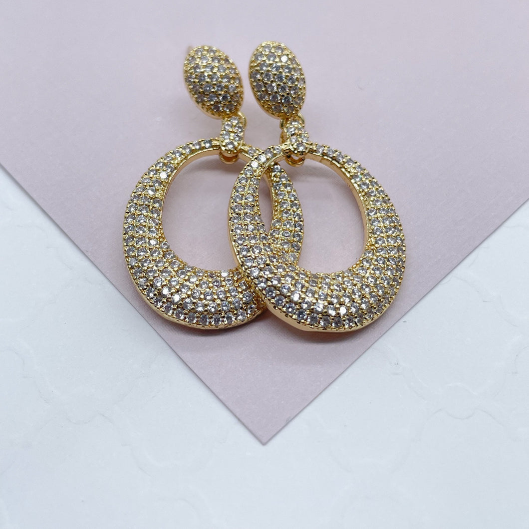 18k Gold Filled Micro Pave Cubic Zirconia Oval Dangling Party Earrings