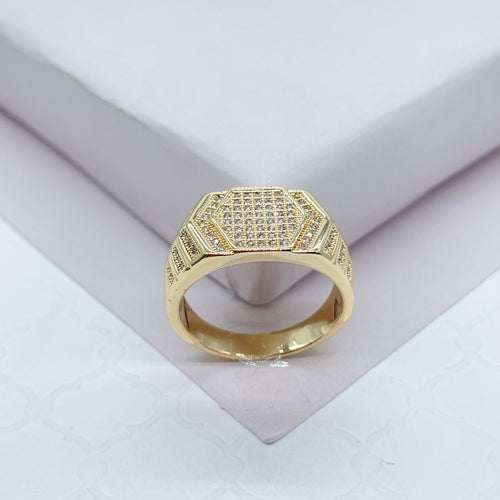 18k Gold Filled Hexagon Patterned Ring With Pave Stones