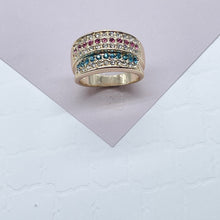 Load image into Gallery viewer, 18k Gold Filled Colorful Patterned Ring Featuring Light Blue, Magenta And Clear Cubic Zirconia
