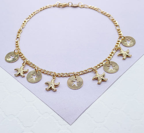 18k Gold Filled Figaro Link Anklet With Star Fish Charms