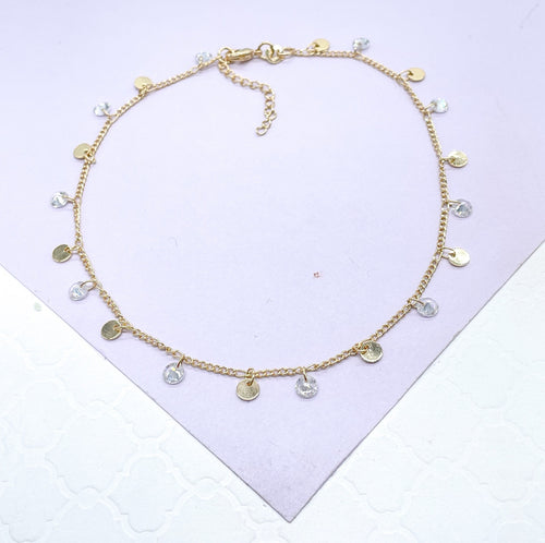 18k Gold Filled Figaro Chain Anklet With Plain Discs And CZ Stones
