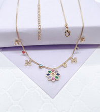 Load image into Gallery viewer, 18k Gold Filled Dainty Box Chain Choker with Colorful Cz and Flower Charms w Flower Centerpiece

