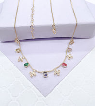 Load image into Gallery viewer, 18k Gold Filled Dainty Box Chain Choker With Colorful CZ and Flower Charms
