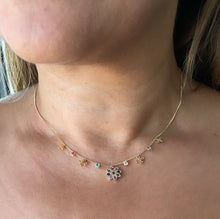 Load image into Gallery viewer, 18k Gold Filled Dainty Box Chain Choker with Colorful Cz and Flower Charms w Flower Centerpiece
