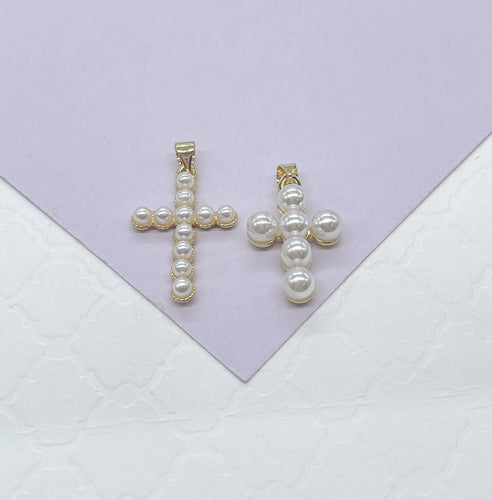 18k Gold Filled Beaded Faux Pearl Cross, Available In 2 Sizes