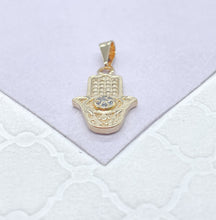 Load image into Gallery viewer, 18k Gold Filled Mini Hamsa Hand Pendant With Dainty Evil Eye in Center
