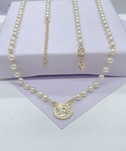 18k Gold Filled Dainty Pearl Choker with Angle Medallion Center Piece Choker