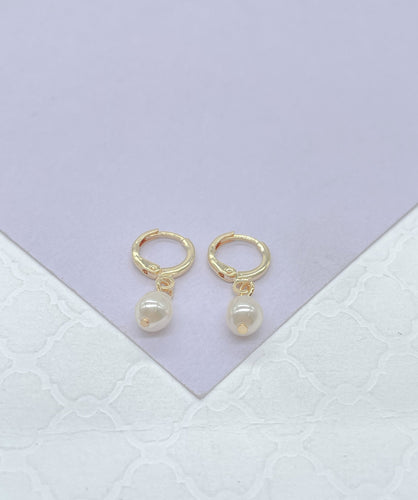 18k Gold Filled Dainty Dangling Hoop With Small Pearl Charm