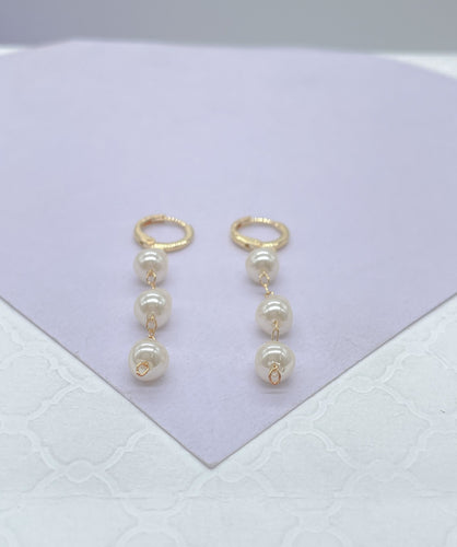 18k Gold Filled Dainty Hoops With 3 Small Faux Pearl Charms, Pearl Jewlery, Pearl Earrings, Dainty Earrings