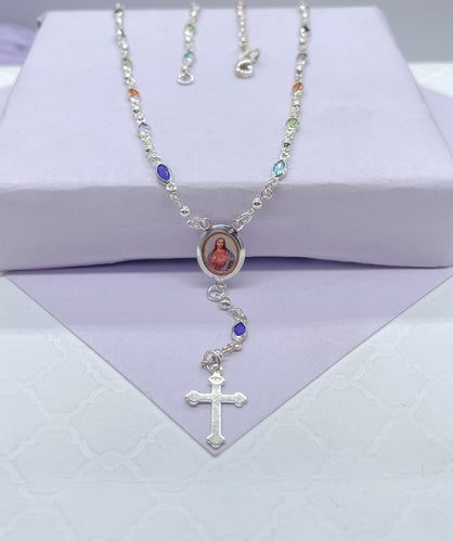 Silver Filled Small oval Colorful Rosary Necklace, Multicolor Fashion Jesus Medal