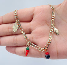Load image into Gallery viewer, 18k Gold Filled 4mm Figaro Link Charm Anklet Featuring Hamsa, Simulated
