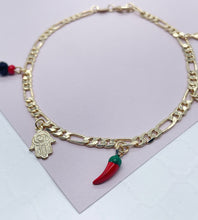 Load image into Gallery viewer, 18k Gold Filled 4mm Figaro Link Charm Anklet Featuring Hamsa, Simulated
