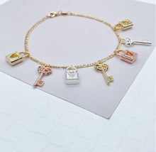 Load image into Gallery viewer, 18k Gold Filled Tri-Color Lock &amp; Key Charms Anklet
