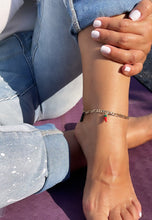 Load image into Gallery viewer, 18k Gold Filled 4mm Figaro Charm Anklet With Black &quot;Figa&quot; Hand Red &amp; Green
