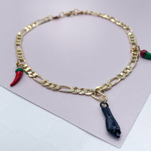 Load image into Gallery viewer, 18k Gold Filled 4mm Figaro Charm Anklet With Black &quot;Figa&quot; Hand Red &amp; Green
