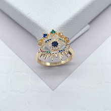 Load image into Gallery viewer, 18k Gold Filled Evil Eye Ring Crowned Featuring Multi Color Zirconia Stones Or Clear Cubic Zirconia, Protection Ring,  Jewelry
