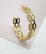 Load image into Gallery viewer, 18k Gold Filled Chain Link Hoop Earrings Featuring Cubic Zirconia, Dainty Curb

