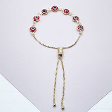 Load image into Gallery viewer, 18k Gold Filled Adjustable Evil Eye Bracelet Featuring Slide Clasp Hypoallergenic Jewelry
