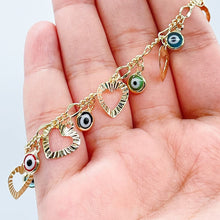 Load image into Gallery viewer, 18k Gold Filled Charm Bracelet Featuring Seven Hearts and Seven Colorful Evil Eyes
