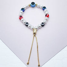 Load image into Gallery viewer, 18k Gold Filled Evil Eye &amp; Pearl Adjustable Bracelet Featuring Slide Clasp
