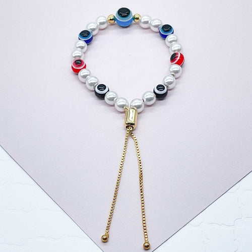 18k Gold Filled Evil Eye & Pearl Adjustable Bracelet Featuring Slide Clasp