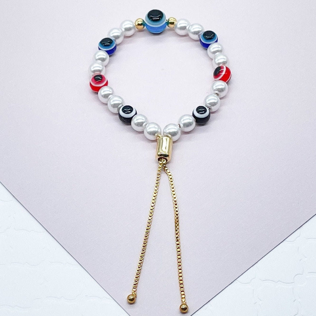 18k Gold Filled Evil Eye & Pearl Adjustable Bracelet Featuring Slide Clasp