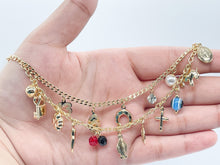 Load image into Gallery viewer, 18k Gold Filled Luck Charms Bracelet Protection, Good Luck, Money Prosperity Featuring Evil Eyes, &quot;Figa&quot;, Clover, Crystals, Guadalupe
