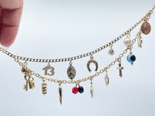 Load image into Gallery viewer, 18k Gold Filled Luck Charms Bracelet Protection, Good Luck, Money Prosperity Featuring Evil Eyes, &quot;Figa&quot;, Clover, Crystals, Guadalupe
