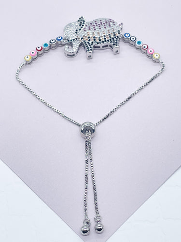 18k Gold Filled Adjustable Multicolor Cubic Zirconia Elephant Bracelet Featuring Colorful Evil Eyes Connected in a Slide Clasp Bracelet